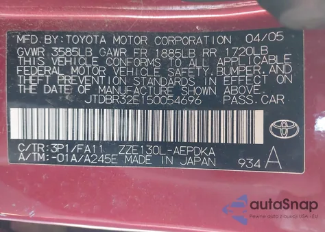 2005 Toyota Corolla Ce from USA, damaged, VIN JTDBR32E150054696